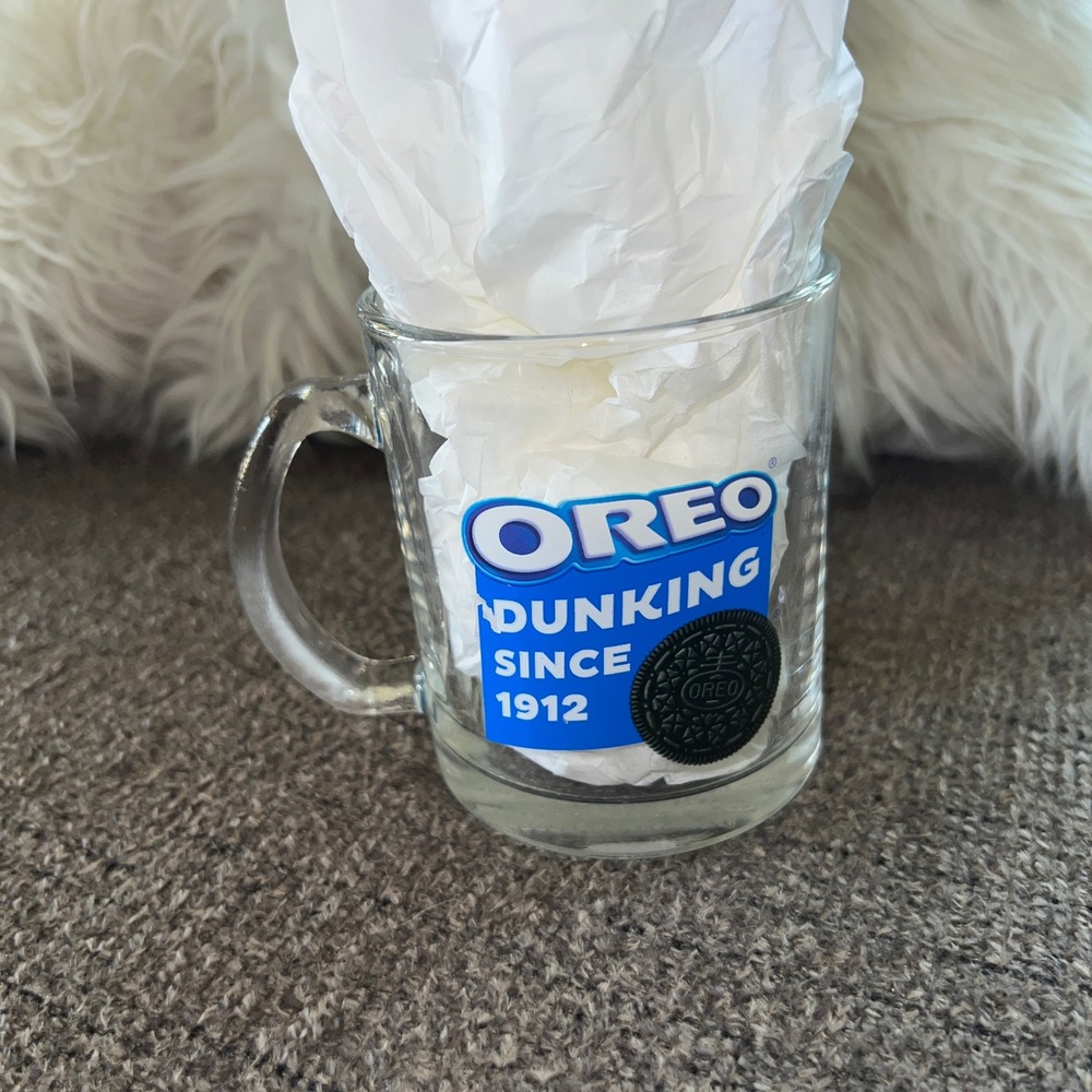 Oreo Dunking Since 1912 Clear Glass Coffee Mug Blue Logo Cookie Collector Mug